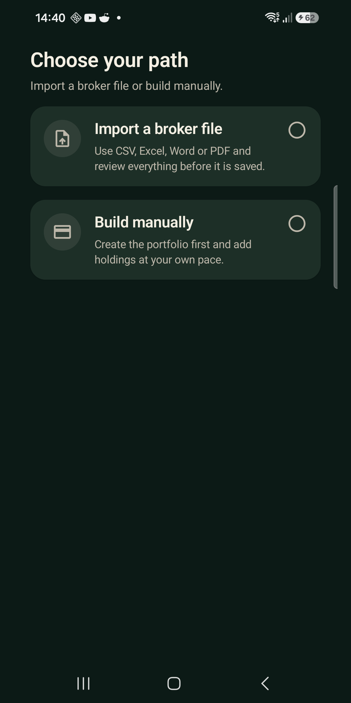 Asset Companion supports broker file imports or manual portfolio setup