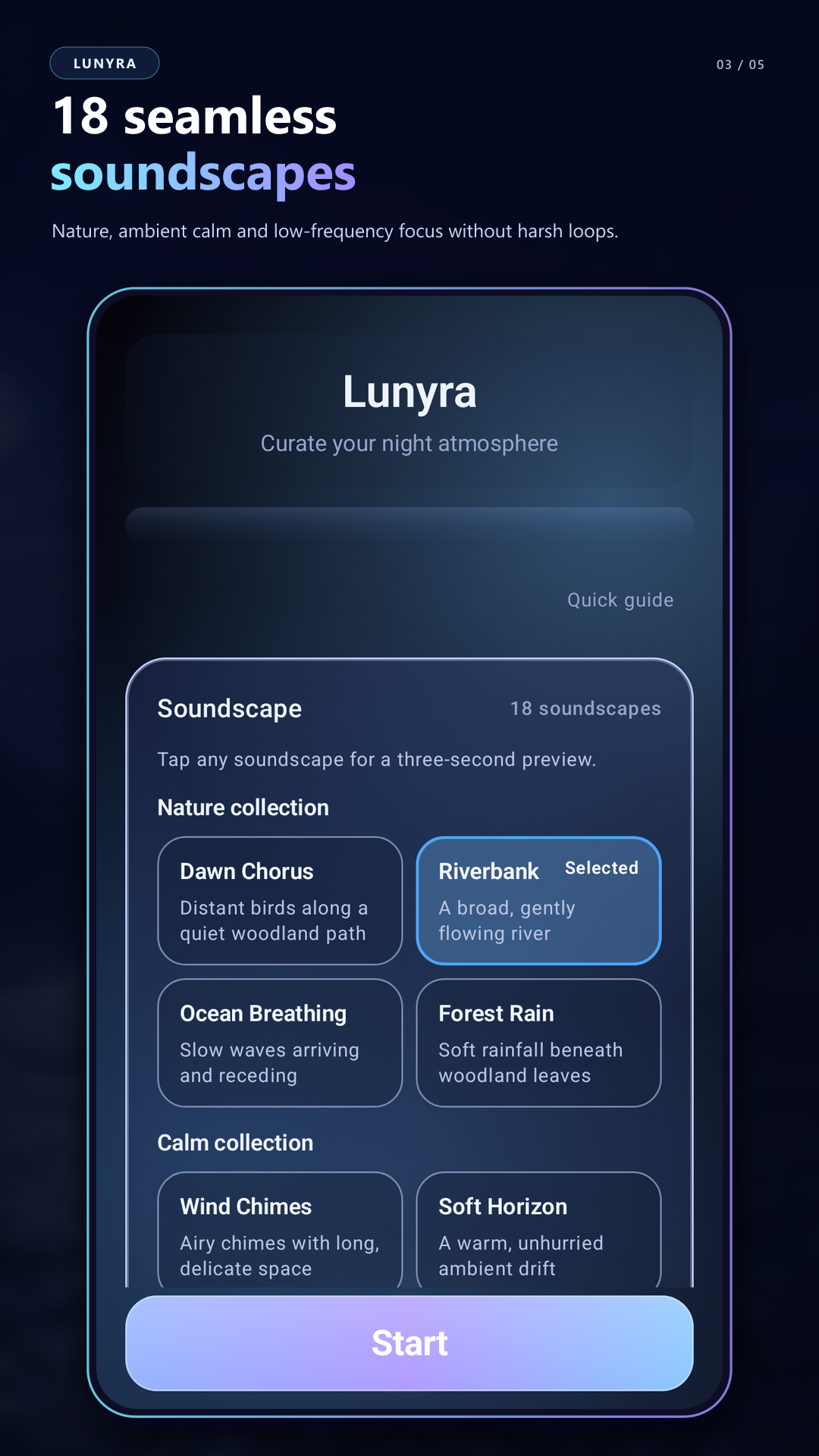 Lunyra includes 18 seamless nature, ambient, and focus soundscapes